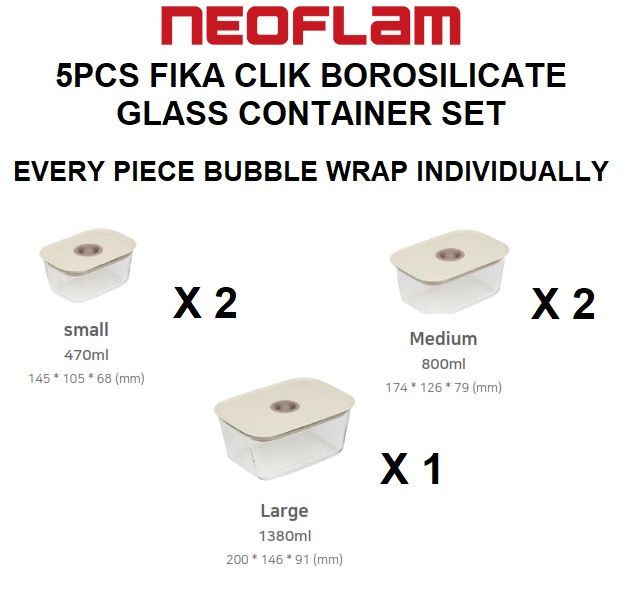 Set of 3) NEOFLAM Fika Clik Glass Extra Large Food Storage