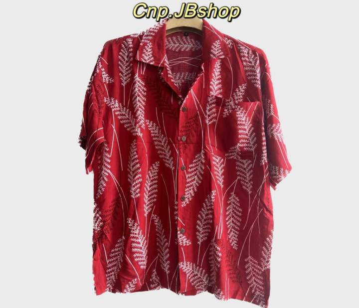 เสื้อฮาวาย-ลายใบไม้เมืองหนาว-สีแดง-ใส่ได้ทั้งชายและหญิง-เชิ้ตแขนสั้นคอปก-ผ้าสปัน-นิ่มใส่สบาย-พร้อมส่ง