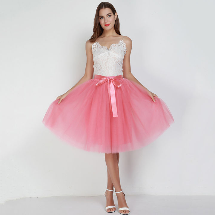 Vintage Pink Pleated Long Tulle Skirt Tutu Femme High Waisted