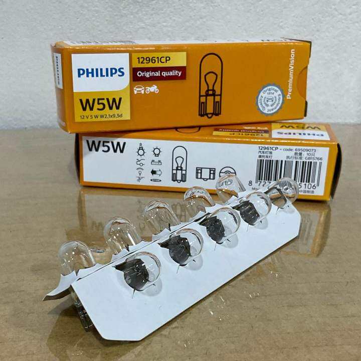 หลอดไฟหรี่-ไฟส่องป้าย-philips-5w5-t10-12v-ขั้วเสียบ-12961cp-premium-vision-1หลอด-10หลอด