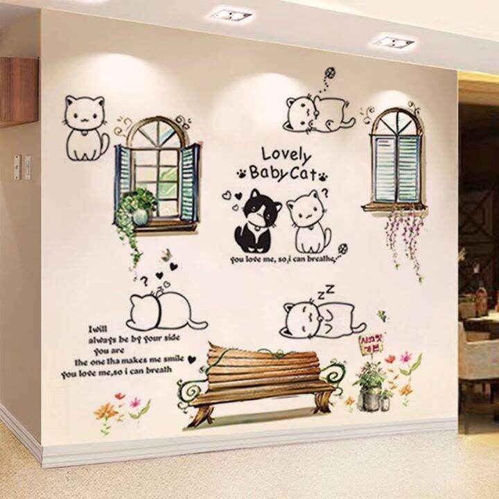 Decal dán tường mèo cute và cửa sổ ghế đá | Lazada.vn