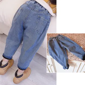 Girls Wide Leg Pants Winter Thicken Loose Kids Jeans Blue Casual