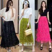 Fancy layers skirt กระโปรงยาวคลุมเข่า ดีเทลเย็บเลเยอร์แต่งพู่ถี่ มี15สี