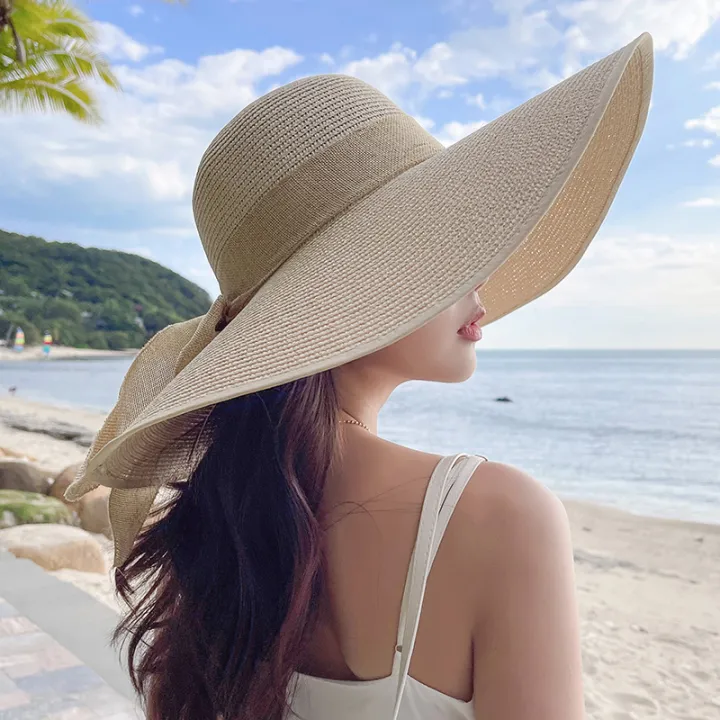 Women Big Brim Straw Hat Sun Floppy Wide Brim Hats New Bowknot Folding Beach  Cap