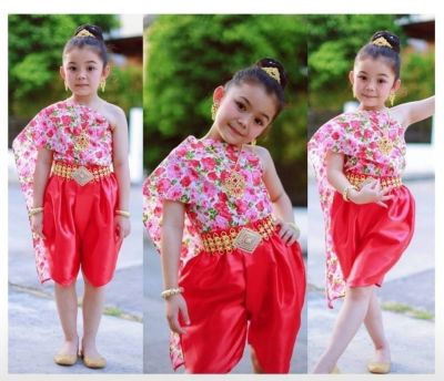 ชุดไทยโจงกระเบน + สไบสำเร็จดึงยางยืดลายดอก ชุดไทยเด็กผู้หญิง ชุดไทยเด็ก ชุดไทยเด็กสีแดง ชุดไทยแม่ชบา