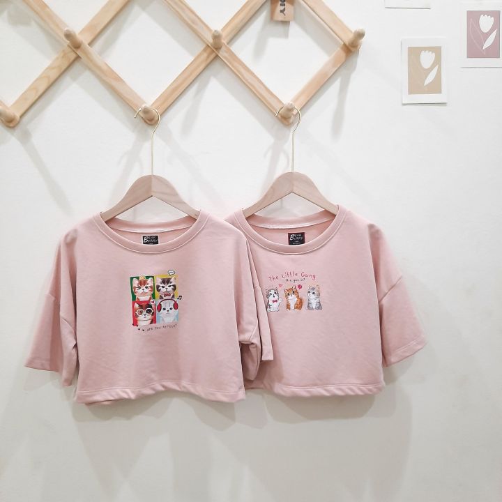 พร้อมส่ง-เสื้อครอปลายน้อนแมวน่ารัก-ผ้า-cotton-นุ่มใส่สบาย-เน้นขายหมด