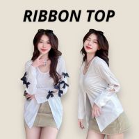 ?Ribbon Top เสื้อแขนยาวคอวีแขนติดโบว์ไซน์ผ่าหน้า  (โบว์สามารถถอดออกได้นะคะ) งานป้าย Sheeny?