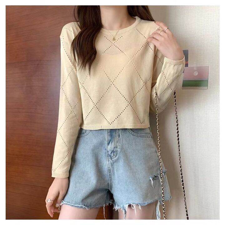 พร้อมส่ง-ใหม่-98102เสื้อยืดแขนยาวกลวงบางสตรีปี-2022-การออกแบบใหม่เสื้อกันหนาว