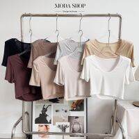 MODA SHOP เสื้อยืดคอกลมทรงครอปแฟชั่นผู้หญิงตัวสั้นเสริมฟองน้ำที่บ่า