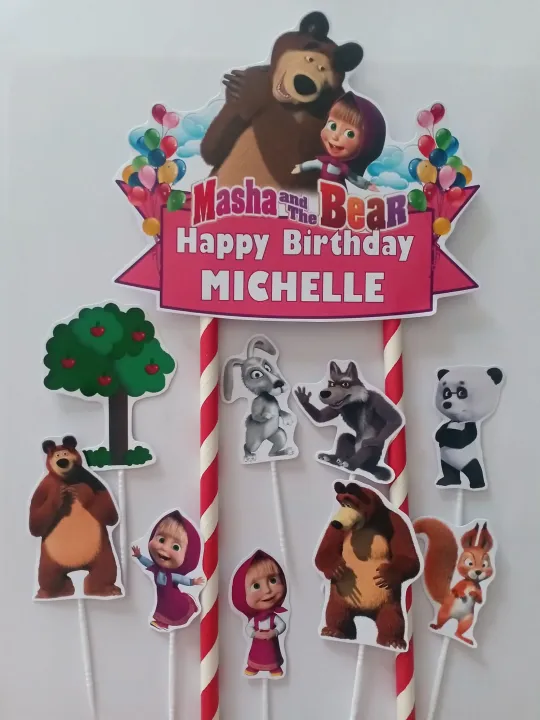 TOPPER CAKE ULANG TAHUN GAMBAR MASHA AND THE BEAR BISA CUSTOM NAMA