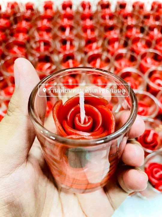 เทียนแก้ว-เทียนหอม-เทียนดอกกุหลาบ-ดอกกุหลาบสีแดงล้วนงานปั้นด้วยมือ-ทางร้านทำเองทั้งหมด