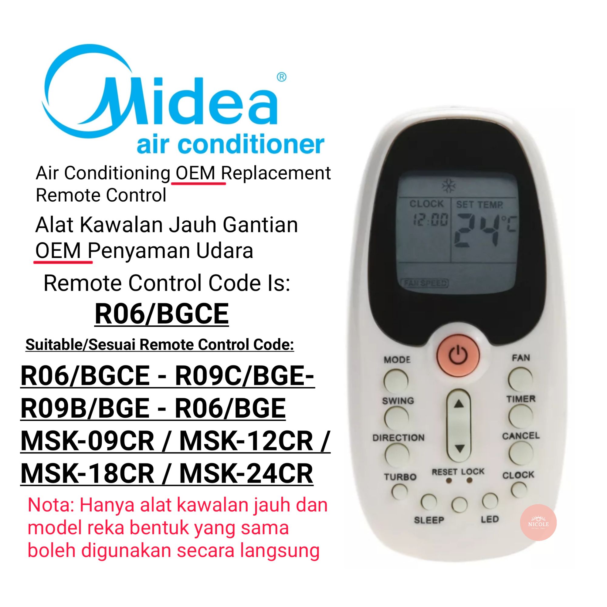 CHOUBENBEN Replacement for R09B/BGCE for Midea Air Conditioner Remote Control R09B/BGE 