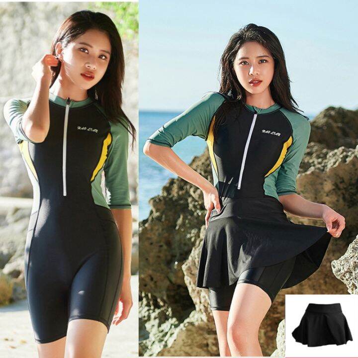 🇲🇾READY STOCK KL One Piece Women Short Pants Short Sleeve Skirt Swimming Suit Swimwear Baju