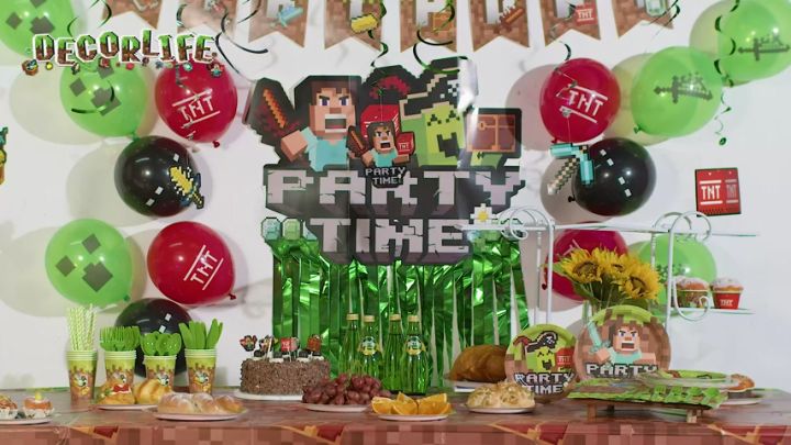 Minecraft Theme Party Set Pixel Wars Birthday Banner Cake Topper Party