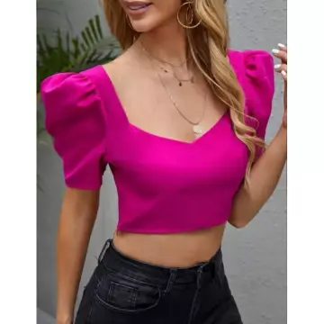 Plain Puff Sleeves Crop Top (Body Hugging/Free size)