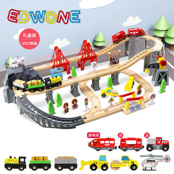 EDWONE รถไฟรางไม้รถไฟไฟฟ้ารถไฟเล็กไม้บีชรถรางของเล่นของขวัญประกอบสำหรับ ...