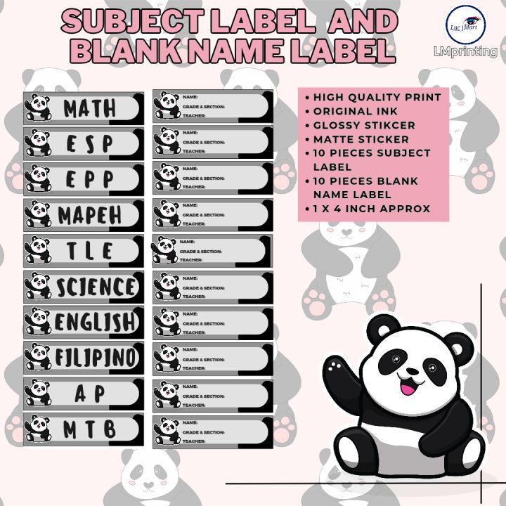 fast shipping - Panda themed SUBJECT STICKER LABEL AND NAME LABEL ...