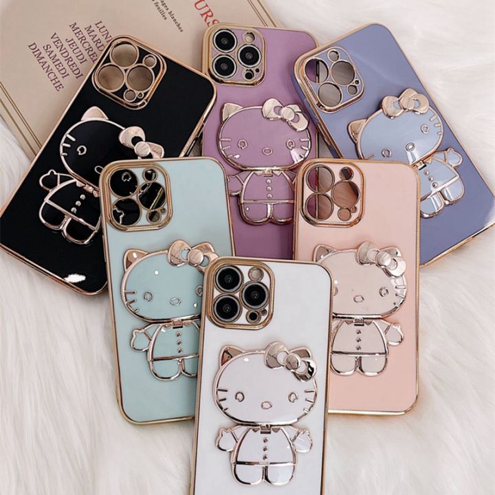 Luxury Cute Hello Kitty Makeup Mirror Plating Holder Stand Phone Case ...