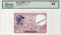 ธนบัตรฝรั่งเศล  5 Francs 1939  เกรด Legacy Very Choice New 64