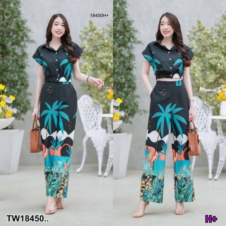 18450-set-2-ชิ้น-เสื้อแขนพองปลายแขนสม๊อค-อกจับจีบผูกโบว์-ขายาว