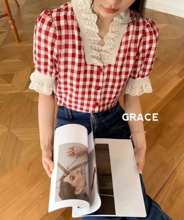 เสื้อสไตล์เกาหลีแต่งระบายรอบคอสวยละมุนป้ายgrace