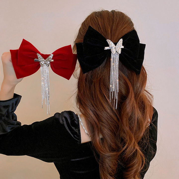 Free Shipping】2023 New Velvet Bow Hairpin Rhinestone Tassel Elegant Hair  Clip for Women Korean Style Fashion Hair Accessories | Lazada