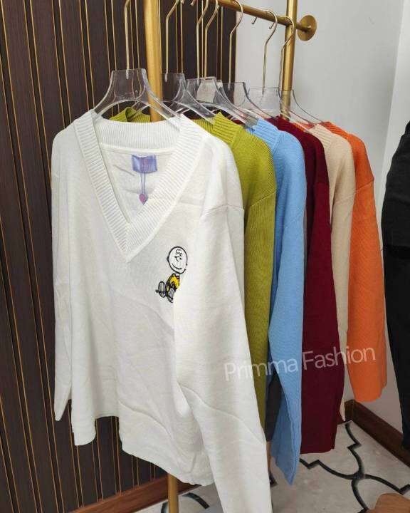 316-l-เสื้อคอวีไหมพรมไซส์ใหญ่ผ้าเนื้อดี-ปักการ์ตูนรุ่นแขนยาว