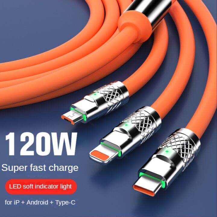 6A 120W Data Cable Zinc Alloy 3 In 1 Super Fast Charger Type C LED