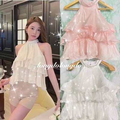 🎀พร้อมส่ง🎀เสื้อผ้าเงาเกาหลีคอแต่งเพชร เสื้อผ้าเงาแขนกุดระบายสามชั้นฟูฟ่อง