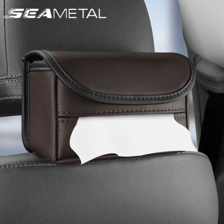 Seametal Pu Leather Car Tissue Box Sun Visor Seat Back Hanging Car Tissue Holder With Elastic