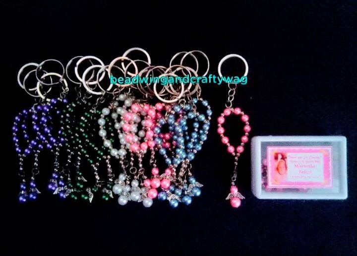 10 pcs Angel Pocket Rosary Keychain in Acrylic box with print Souvenirs