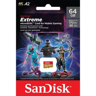 SanDisk Extreme microSDXC Card V30 U3 A2 64GB 170MB/s R, 80MB/s W (SDSQXAH-064G-GN6GN) Mobile Gaming Lifetime Limited