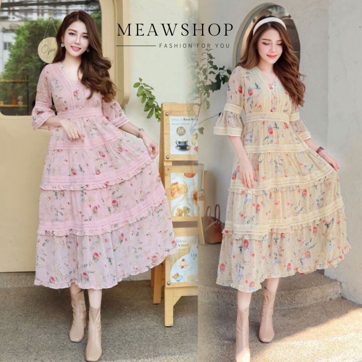 maxidress-สไตล์-วินเทจ-s-xl-เดรสลูกไม้-เดรสลายดอก-เดรสยาว-เดรสสีเหลือง-ชุดเพื่อนเจ้าสาว-ชุดไปทะเล-ชุดออกงาน-ชุดไปงาน-งานป้าย-patcha