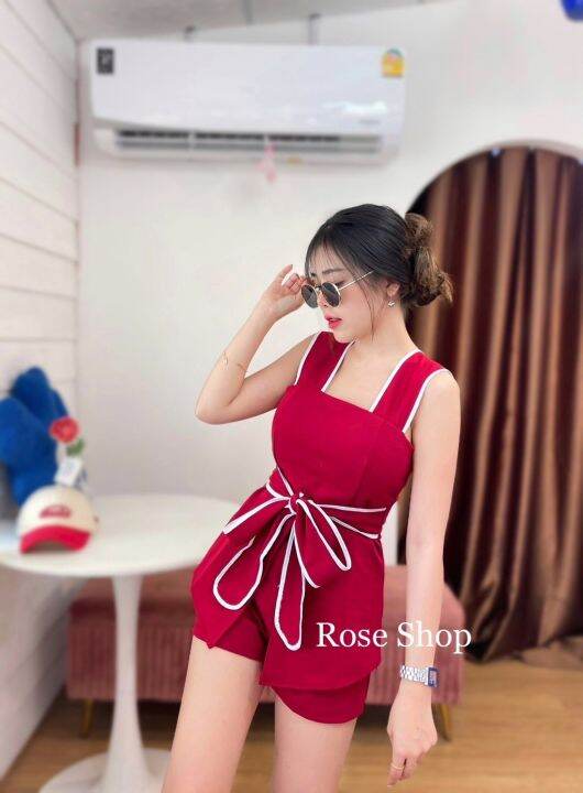 clo-rose-shop-ชุดเซ็ตงานป้าย-เสื้อสายเดี่ยวเสริมฟองน้ำผ่าหน้ามีสายผูกเอว-กางเกงขาสั้นผ้าเทพเนื้อดีมาก