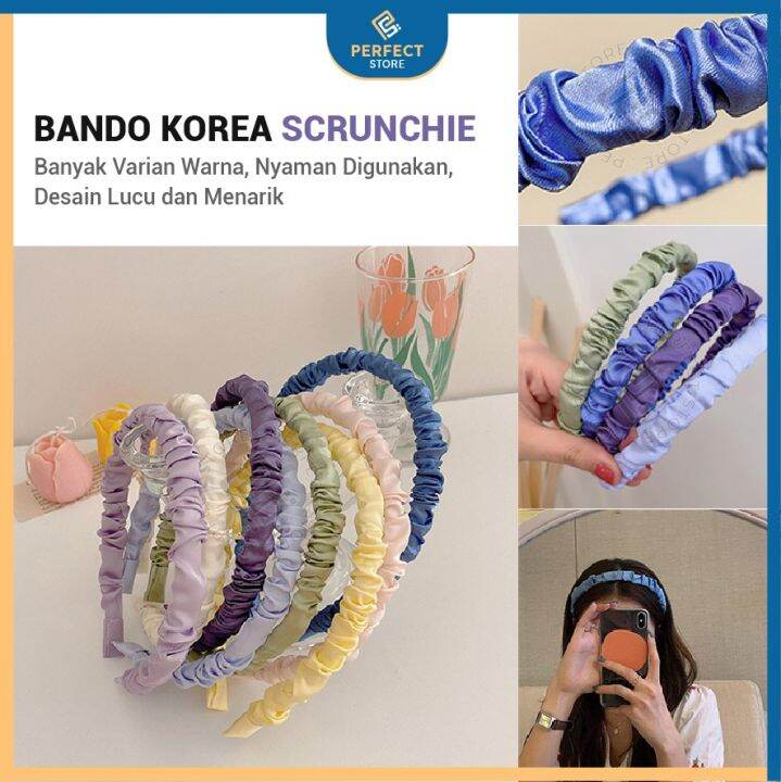 Bando Korea Scrunchie Kerut Satin Polos Headband Warna Pastel Lazada Indonesia 