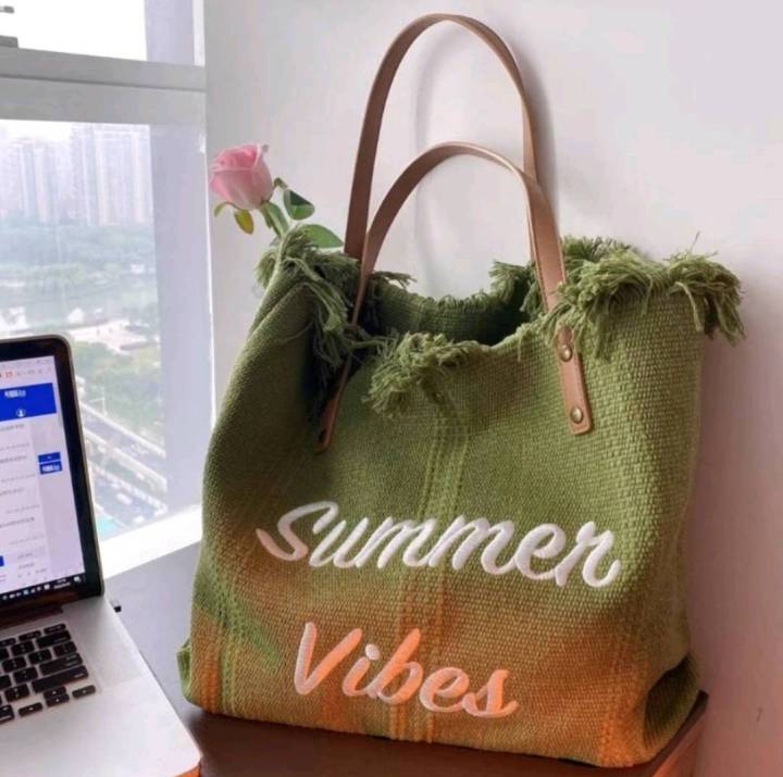 กระเป๋าผ้าแคนวาสลายปัก-summer-vibes-ใบใหญ่จุของได้เยอะงานสวยแบบน่ารักไม่ไก่กาแน่นอนค่ะ-ของจริงสวยเหมือนในรูปเลย