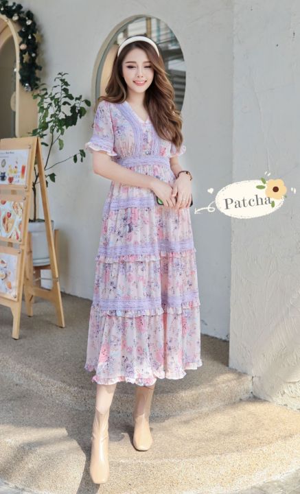 maxidress-สไตล์-วินเทจ-s-xl-เดรสลูกไม้-เดรสลายดอก-เดรสสีชมพู-ชุดเพื่อนเจ้าสาว-ชุดไปทะเล-ชุดออกงาน-เดรสสีม่วง-ชุดไปงาน-งานป้าย-patcha