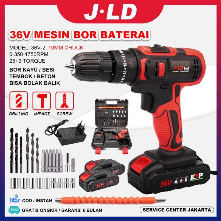 JLD Mesin Bor Baterai 36v 10mm Fullset, Bor Cordless Kayu Tembok Beton ...