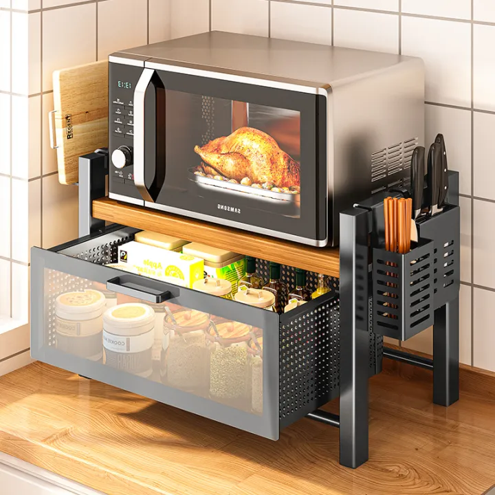 Microwave Oven Storage Rack Kitchen Household Countertop with Drawer DoubleLayer Rice Cooker