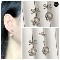 ✨ต่างหูเพชร CZ เพชรดอกไม้&amp;มุก สไตล์ Two Ways Earrings ก้านเงินแท้