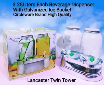 Quality Glass Twin Ice Cold Beverage Dispensers On Galvanized Stand /  Bucked 1.5 Gallon Each Jug