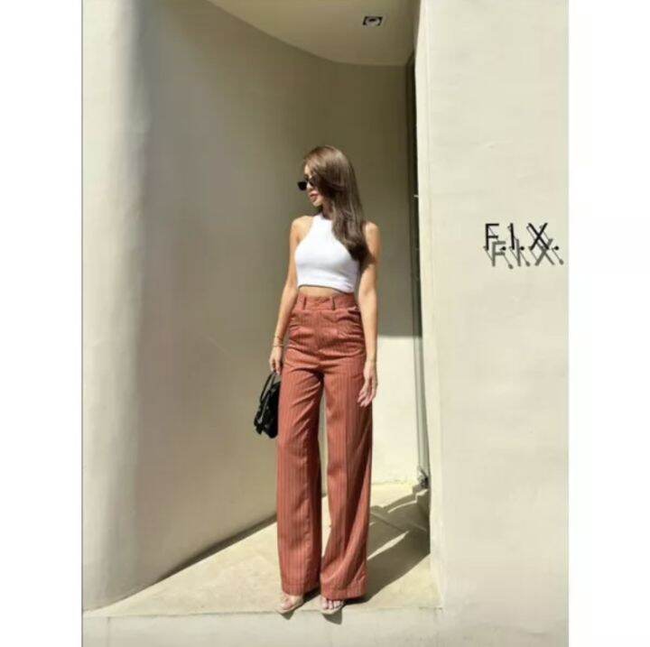 yolanda-stripe-high-waist-pantกรี๊ดดมาก-ดีไซส์ใหม่เข้า-ผ้าเดียวกัน-กางเกงเอวสูง-กางเกงขากระบอก-กางเกงแฟชั่น-กางเกงลายทาง