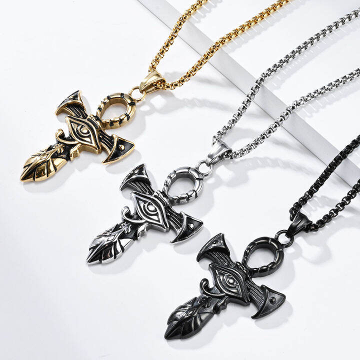 Kemstone Stainless Steel Male Eye of Horus Ancient Cross Pendant