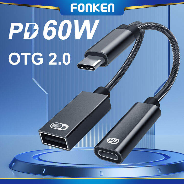 FONKEN 2 in 1 Type C to 3.5mm Audio Earphone Adapter Type C Headphone Converter With USB A PD60W