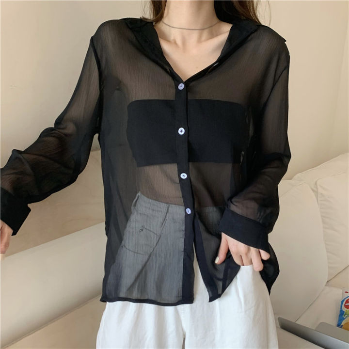 Black Thin Loose Drooping Transparent Shirt for Plump Girls | Lazada