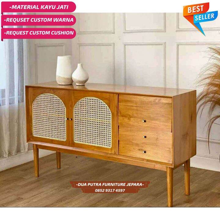 credenza tv jati minimalis modern kombinasi rotan Lazada Indonesia