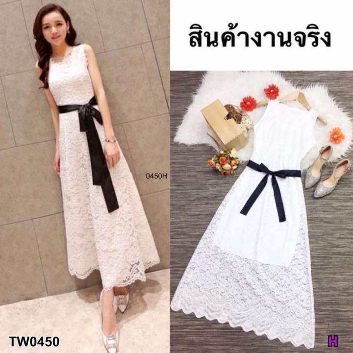 0450-maxidress-เดรสผ้าลูกไม้ทรงยาว-แขนกุด-แต่งโบว์ผูก-ริ้บบิ้น