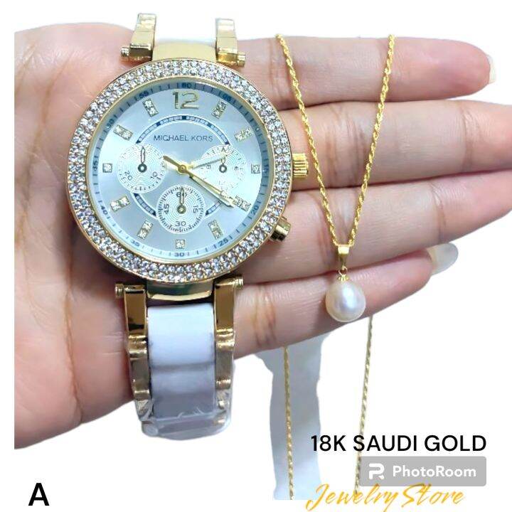 Cod K Saudi Gold Pearl Necklace With Watch Combo Set Lazada Ph