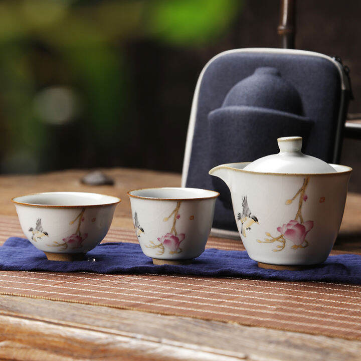 Ru Kiln Convenient Tea Cup Set One Pot Two Cups Travel Portable Tea Set
