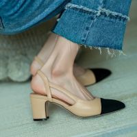 COD[Taobao]รองเท้าแตะหนังแท้สไตล์ชาแนล  รองเท้าแตะส้นแบน  รองเท้าคัชชูหัวปิดส้นหนาสไตล์ชาเนล